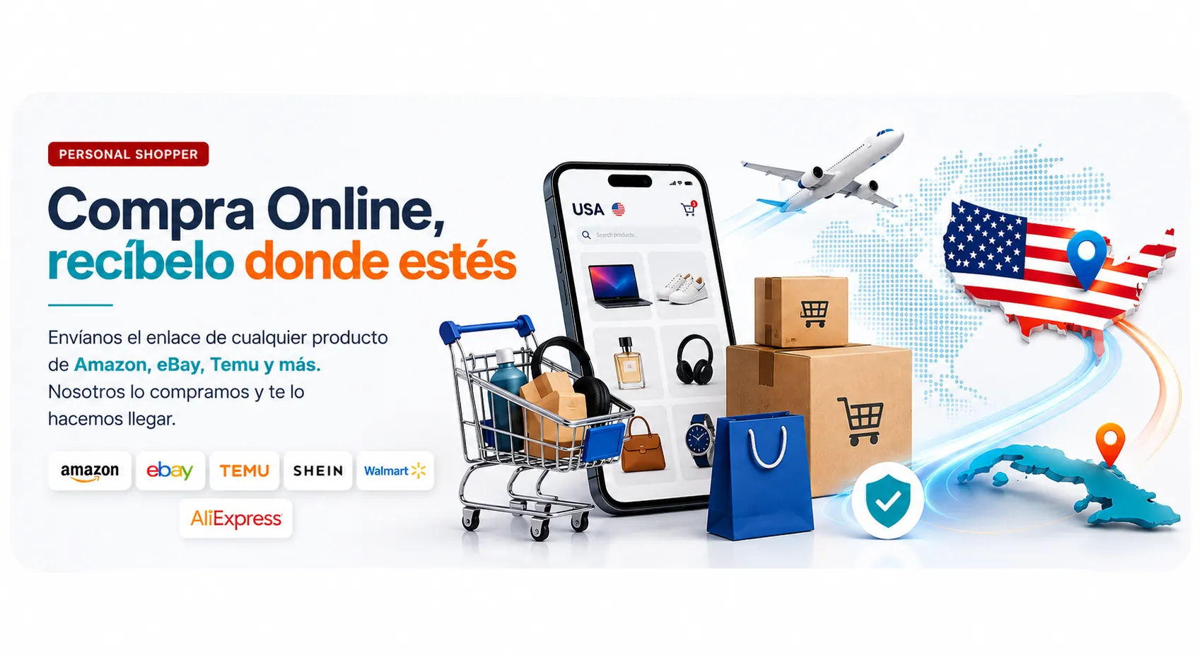 Compra online en Amazon, eBay, Temu, Shein, Walmart o AliExpress y recíbelo en Cuba con TodoenKsa: envíanos el enlace, nosotros lo compramos y te lo hacemos llegar