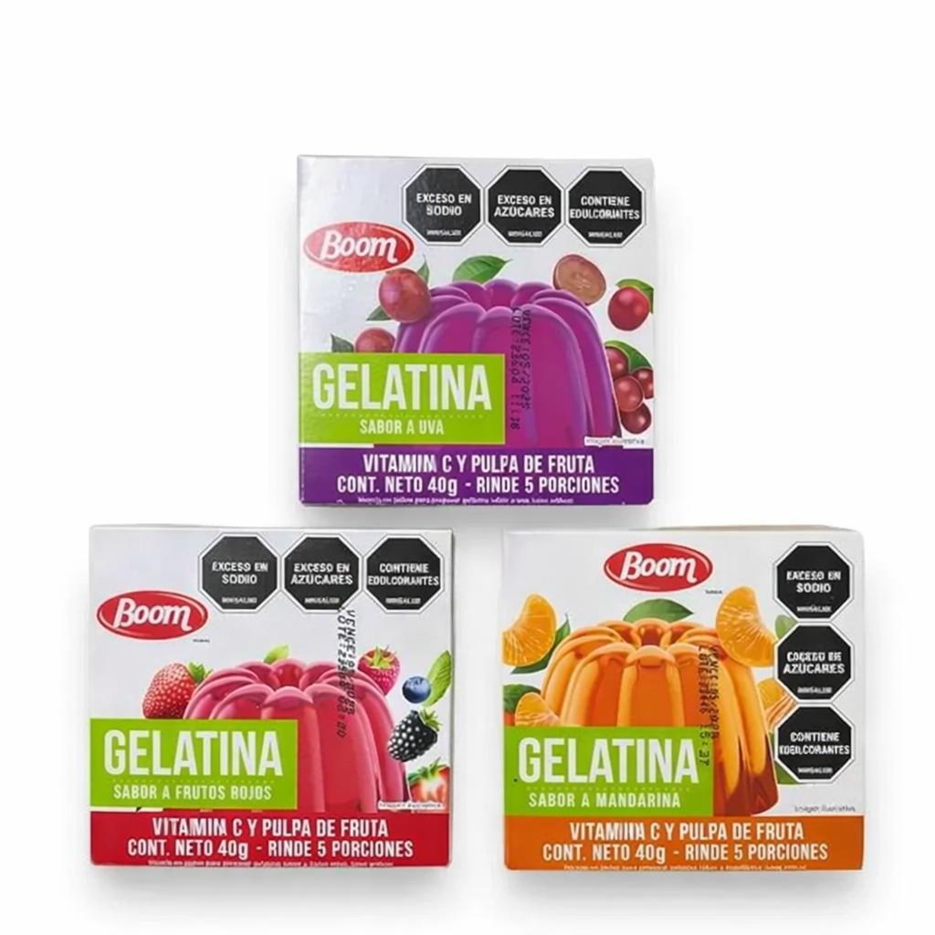Gelatina Boom sabor Uva, Mandarina y Frutos Rojos 3u (120g)